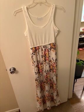 White Floral Scoop-Neck Maxi Dress with Pink & Yellow Accents